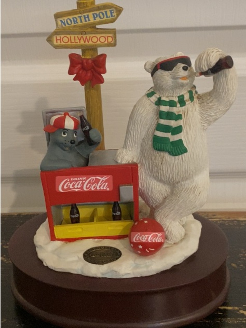 Coca Cola White Polar Bear with Red Cooler and Green Scarf Figurine/music box